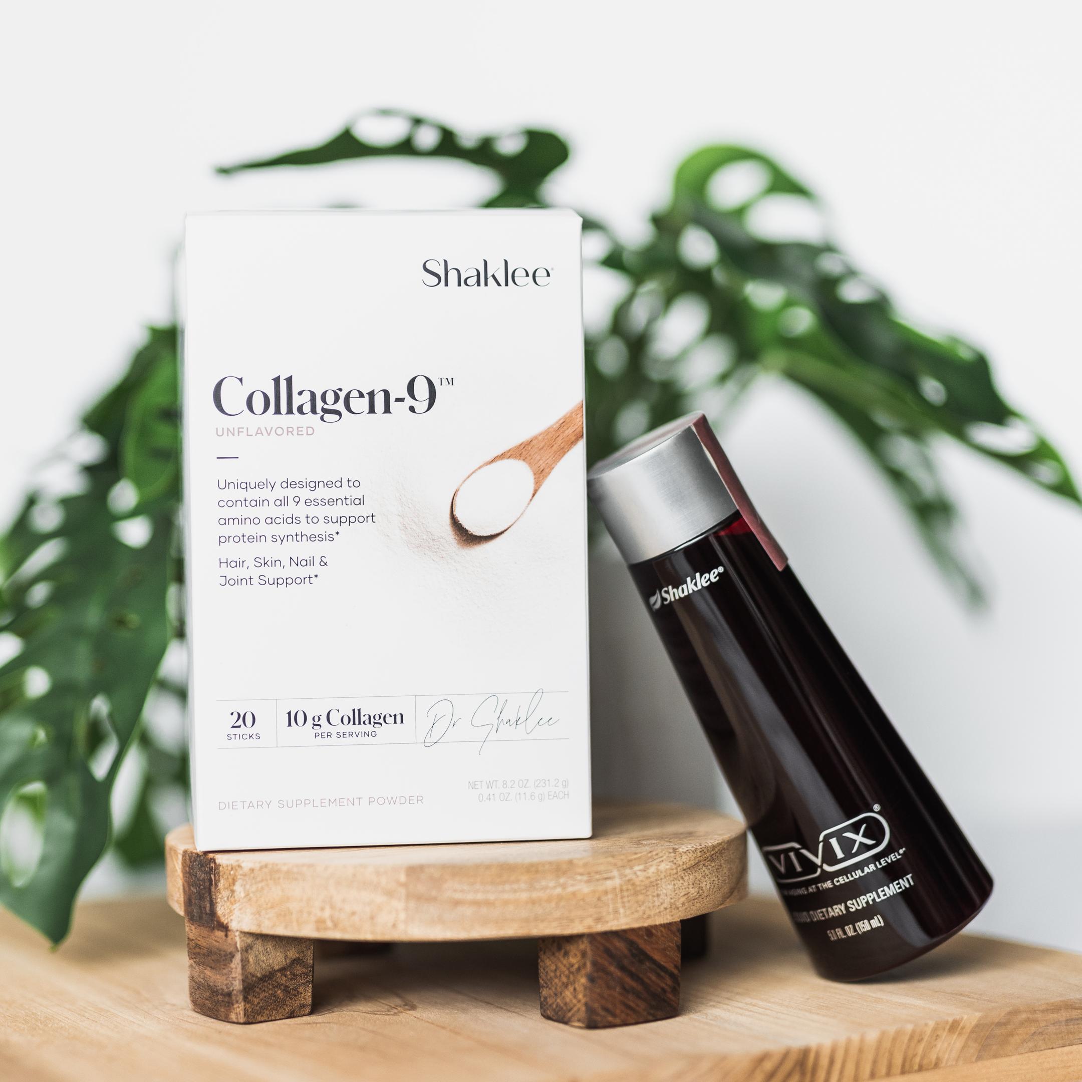 collagen 9 box with vivix liquid on wooden tray feed product image - Shaklees collagen 9 box with vivix liquid on wooden tray feed product image